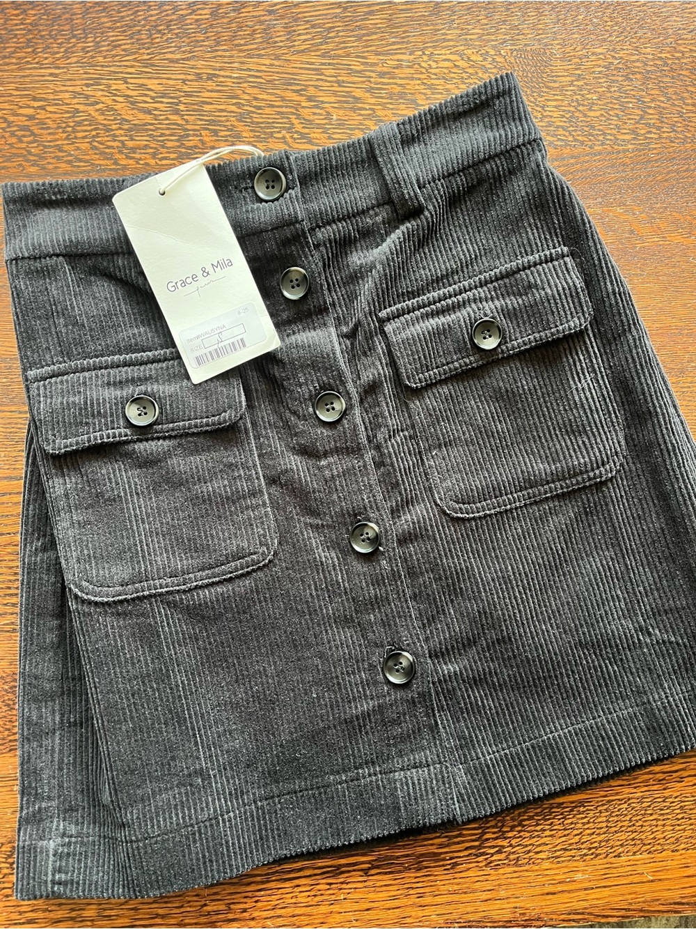 Grace & Mila Charcoal Corduroy Button-Front Mini Skirt